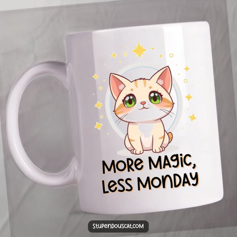 Funny cat mug showing a wide-eyed cat mesmerized by a glowing magical portal opening.
