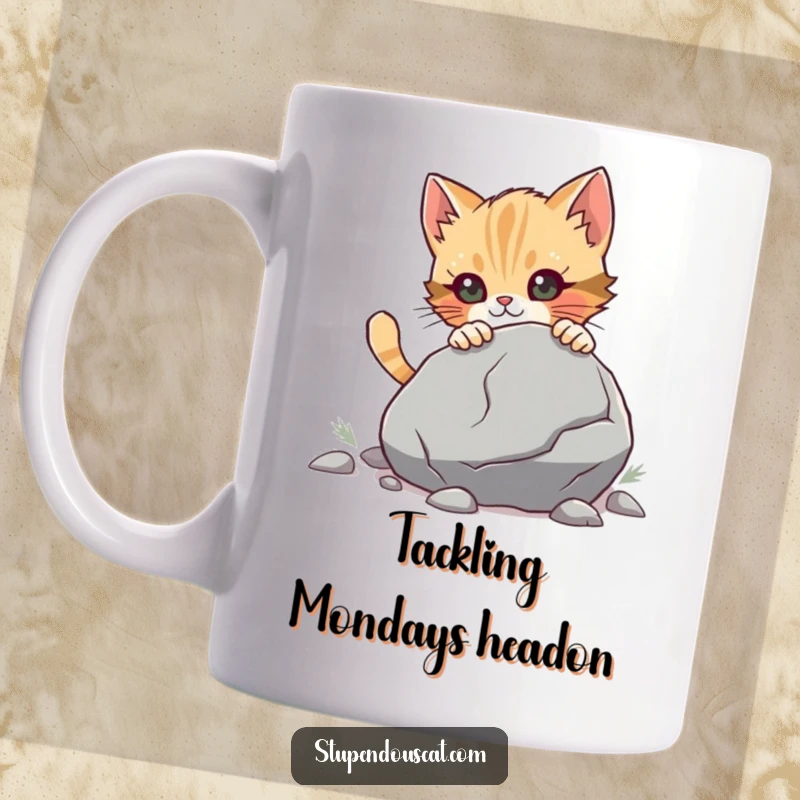 Funny Mug showing a determined cat cub pushing a very large boulder, symbolizing strength and humorous perseverance.