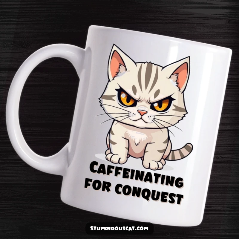 Funny determined cat mug with a steely gaze, intensely focused, preparing for an important task with feline resolve.