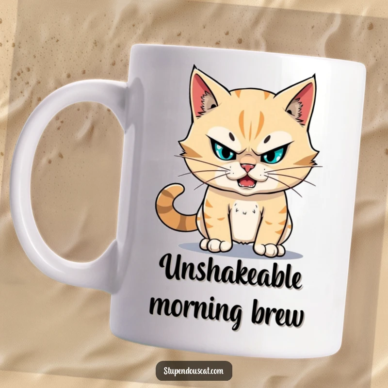 Funny fearless cat mug showing a cat with unwavering resolve, staring down a challenge with immense courage and looking stupendous.
