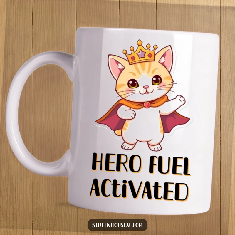 Funny Mug showing a cat wearing a cape and crown, striking a heroic pose, ready for adventure and saving the day.
