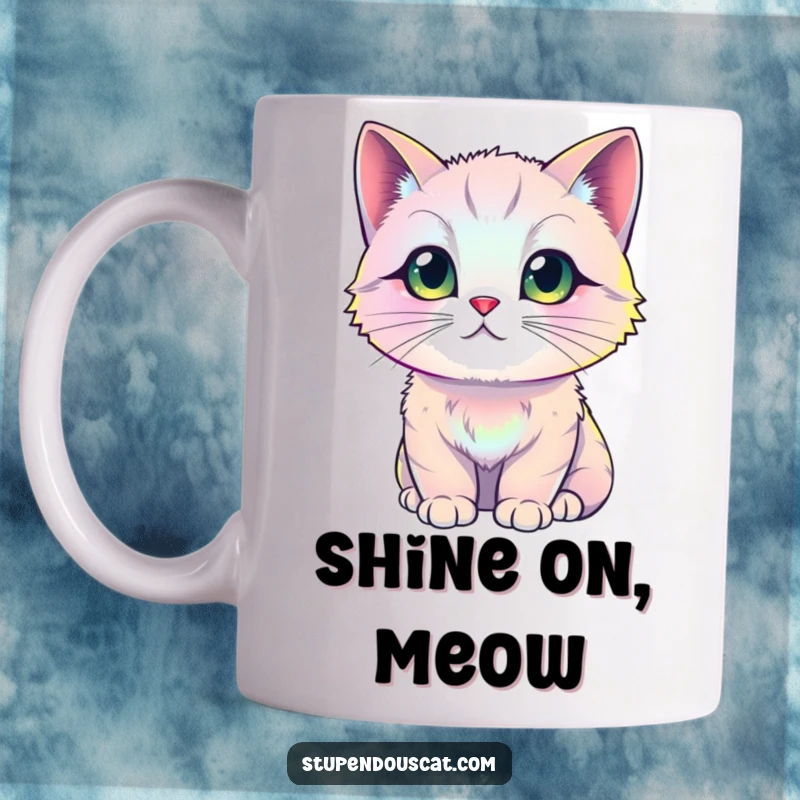 Funny iridescent cat mug, showcasing a feline with stunning, multicolored fur that shimmers and reflects light, highlighting its magical appearance.