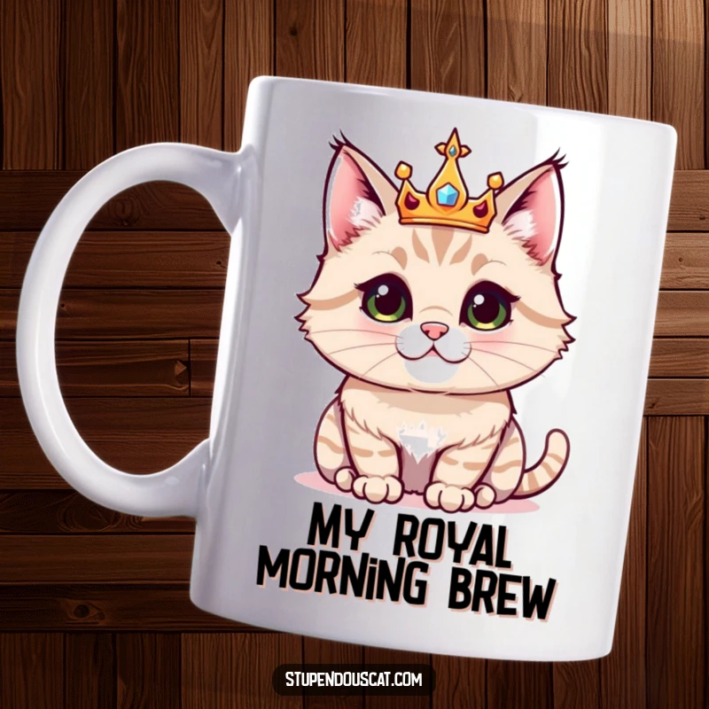 Funny mug featuring a regal cat wearing a tiny, sparkling crown, looking utterly majestic and aloof. A humorous gift idea.