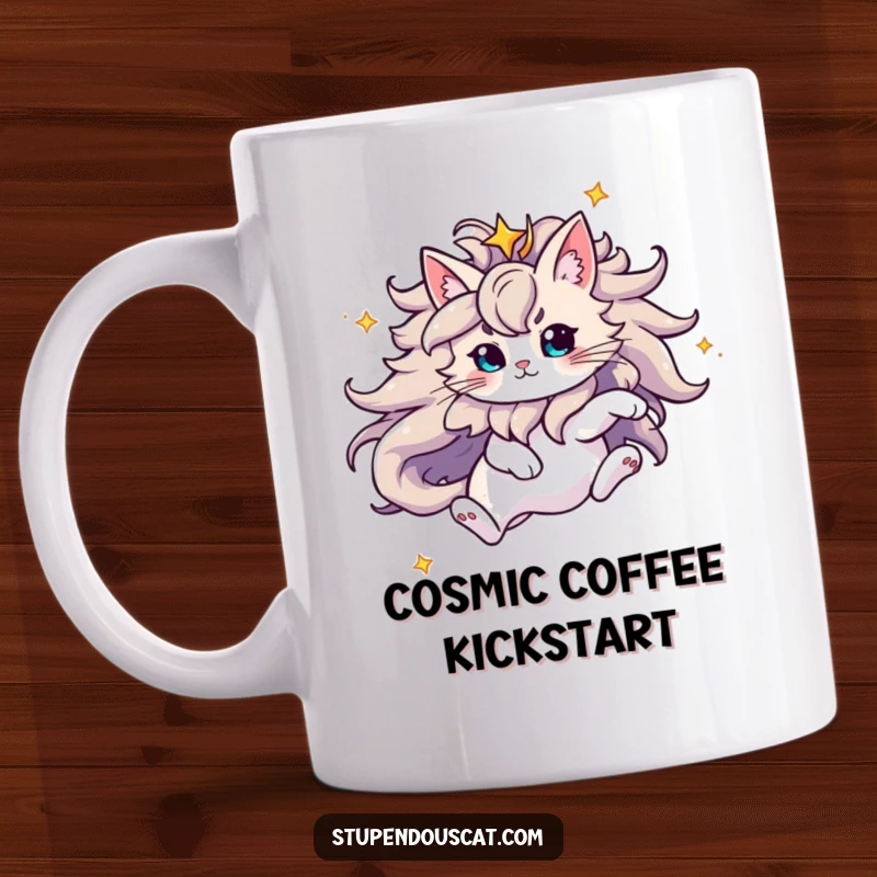 Funny Mug featuring a majestic cat with a flowing starry mane, leaping gracefully through the cosmos, exuding wonder and playful energy.