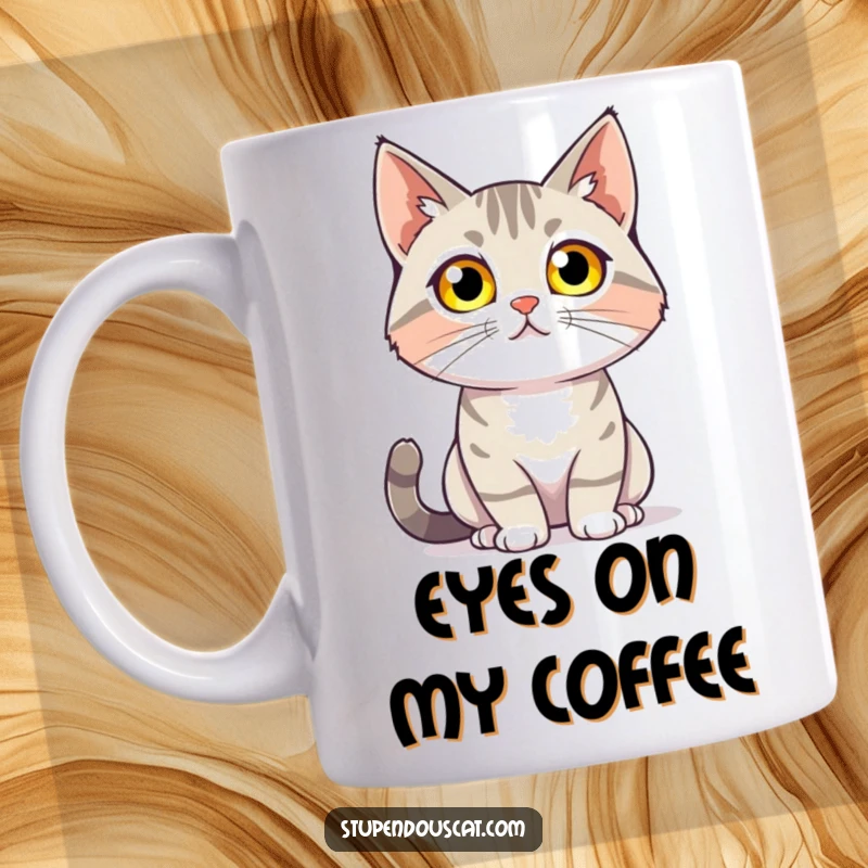 Funny mug depicting a cat with glowing eyes confidently surveying its surroundings, symbolizing mystery and focus, a captivating gift.
