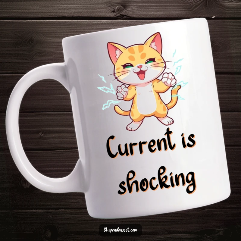 Funny mug with a powerful cat summoning lightning bolts around its paws in a dynamic, action-packed pose, radiating electric energy.