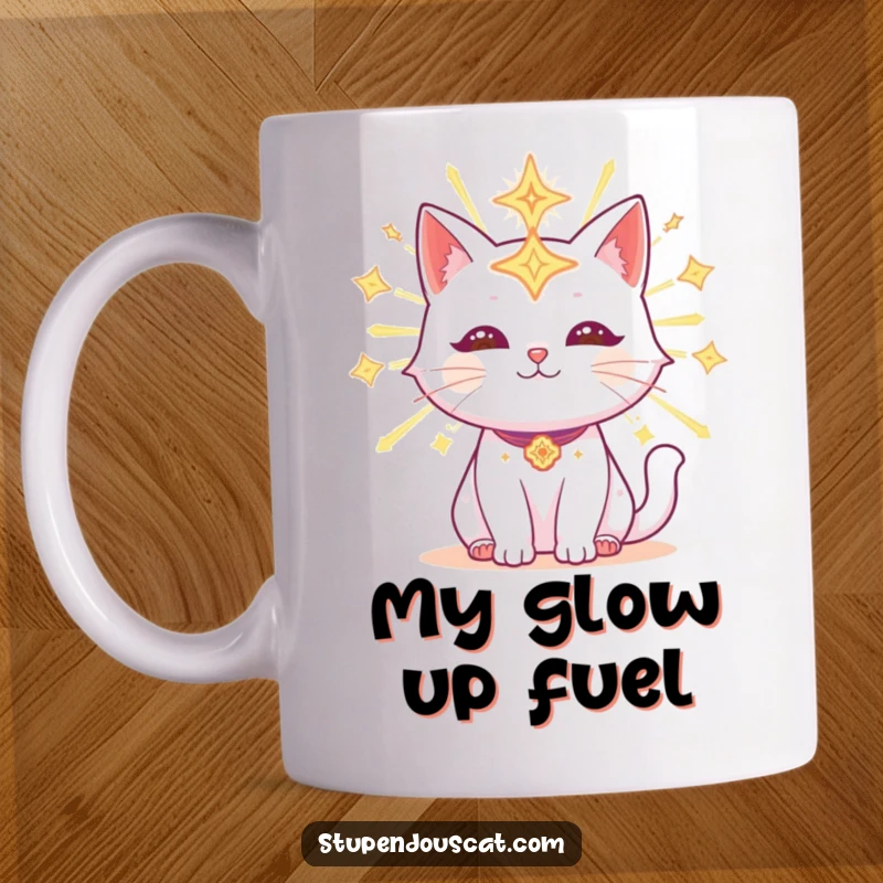 Funny Mug featuring a radiant cat with glowing celestial symbols surrounding it, emitting a gentle, magical aura.