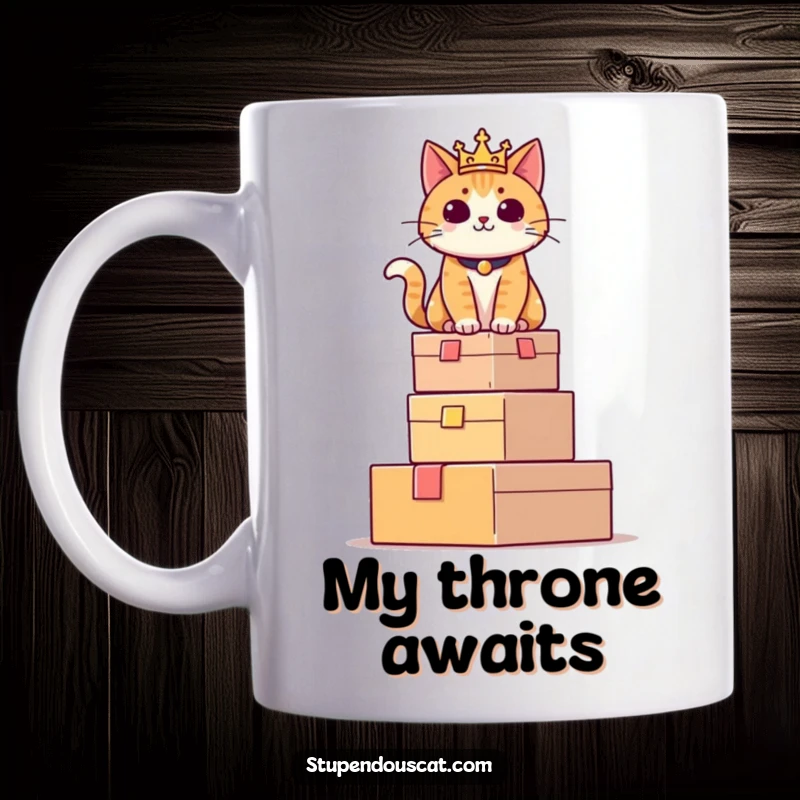 Funny mug featuring a regal cat sitting with pride atop a towering stack of cardboard boxes, exuding supreme confidence.
