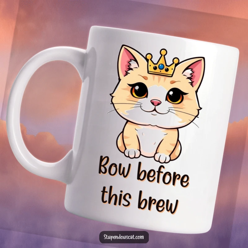 Funny mug showcasing a regal cat wearing a tiny golden crown, looking incredibly pleased and satisfied with itself.