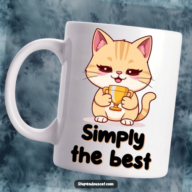 Funny smug cat mug holding a tiny trophy, with a pleased and victorious expression, perfect for coffee lovers.