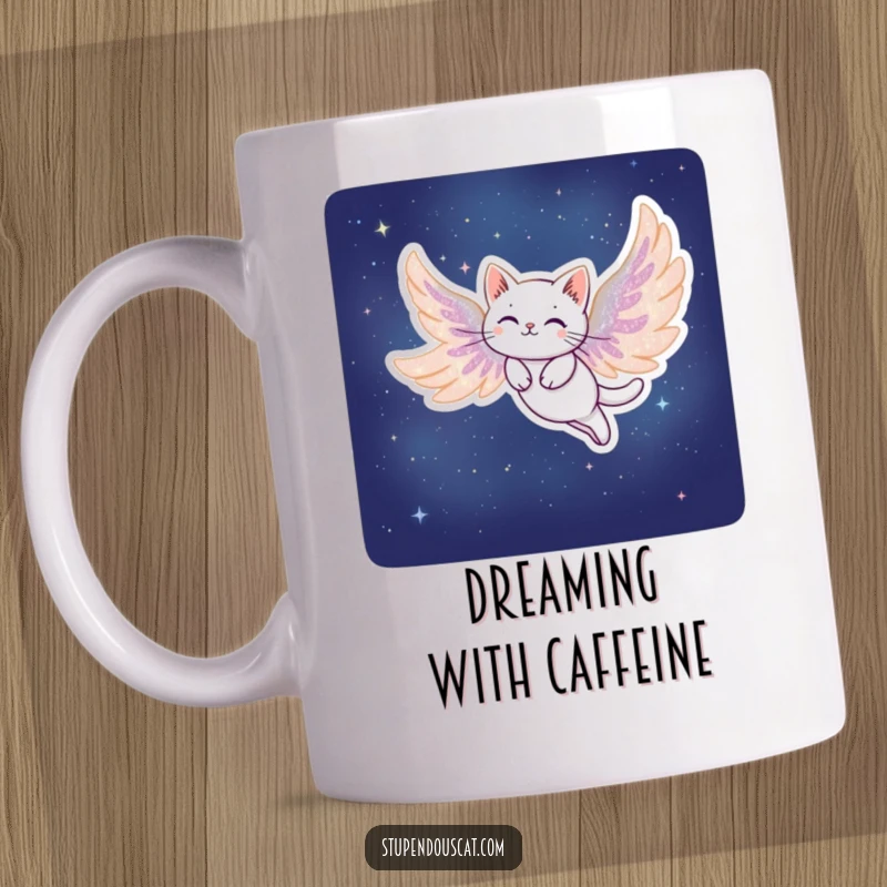 Funny Stardust Cat Mug: A magical cat with wings made of stardust soaring gracefully across a starry night sky.
