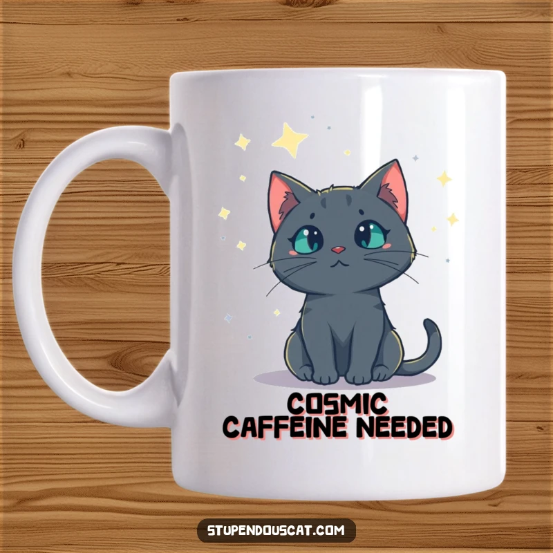 Funny mug with a mysterious cat gazing intently at a vast, starry night sky, evoking wonder and cosmic curiosity, a great funny gift.