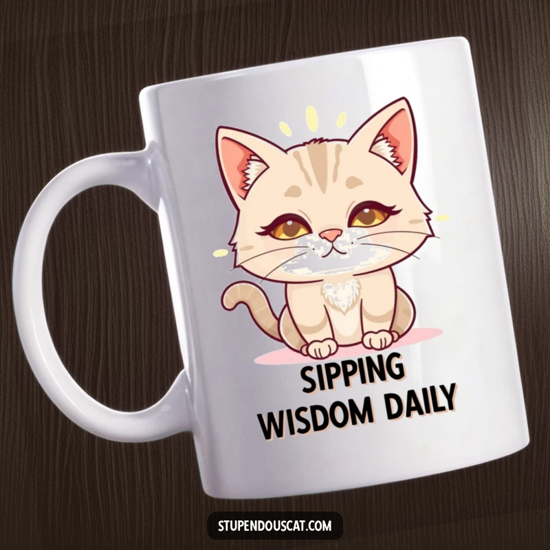 Funny wise cat mug with a cat surrounded by a glowing aura, radiating wisdom and peacefulness with a gentle gaze.