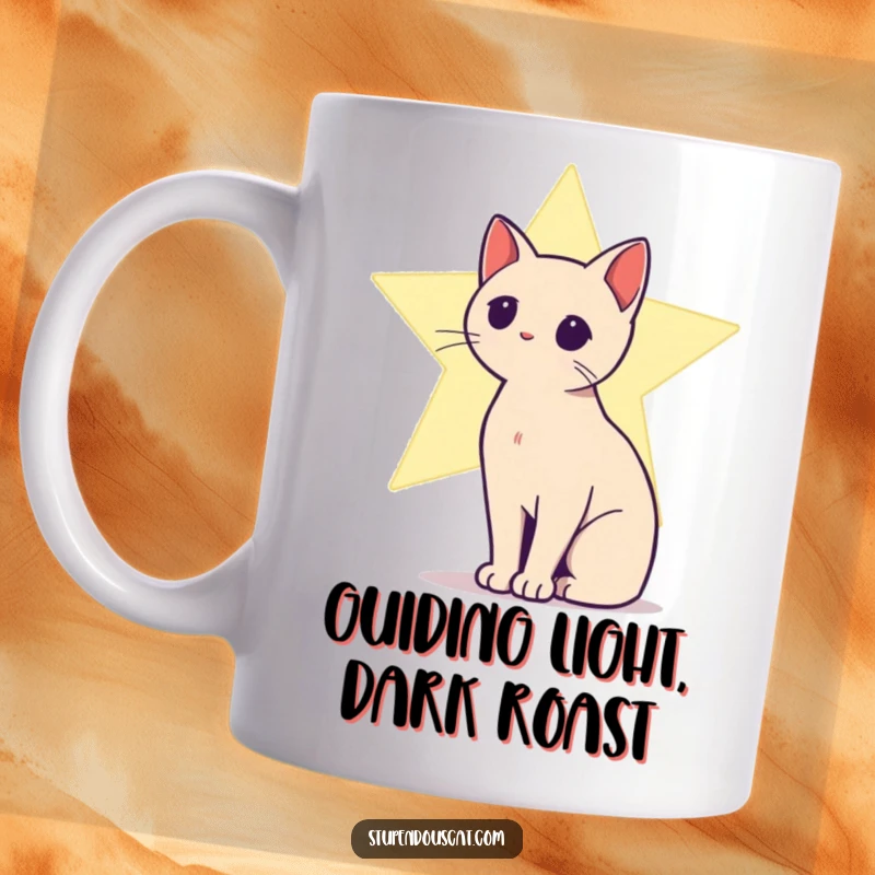 Funny mug with a black cat silhouette outlined against a bright, shining star, creating a celestial glow.