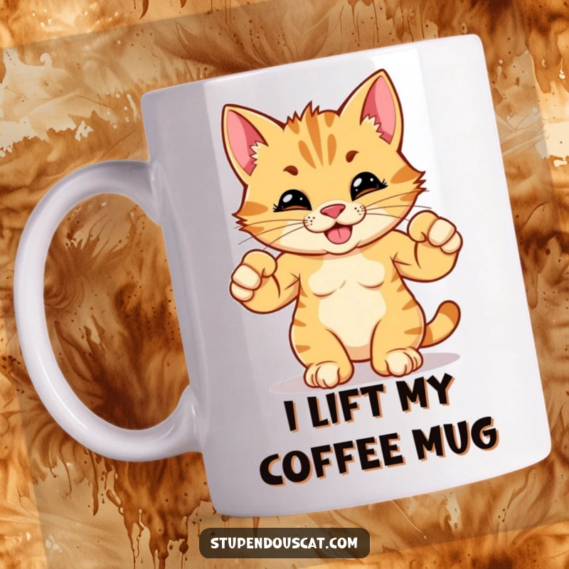 Funny mug with a strong, grinning cat cub flexing tiny, impressive muscles, radiating confidence and humor.
