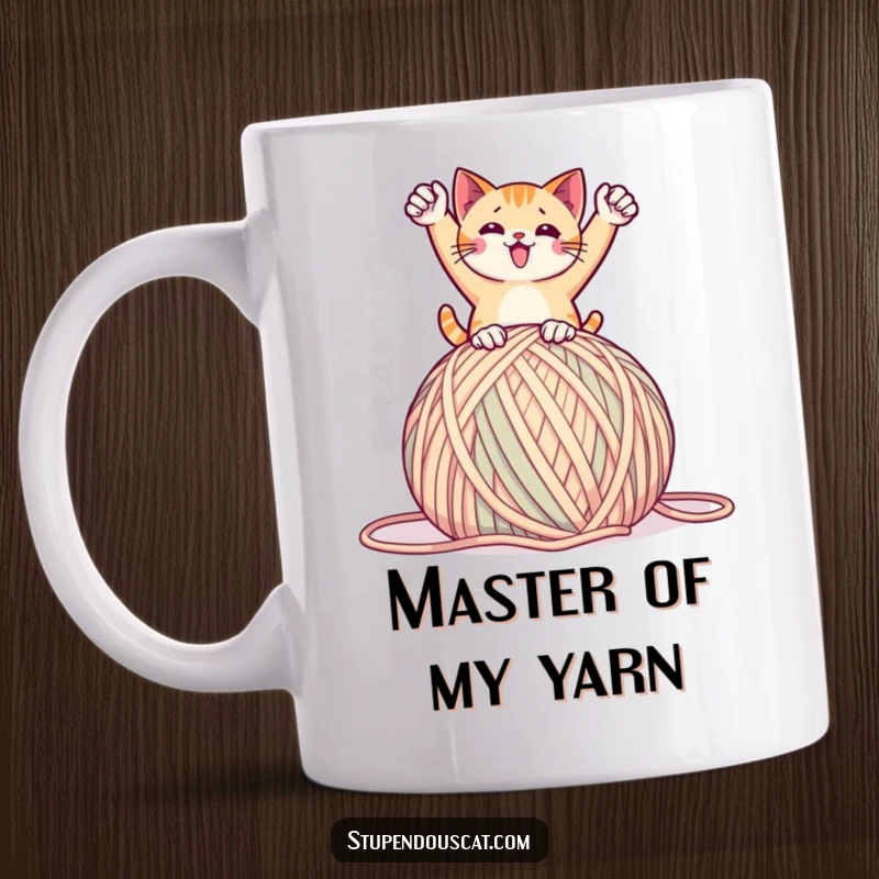 Funny mug showing a cat in a triumphant pose atop a giant ball of yarn, symbolizing victory and fun, a playful gift.