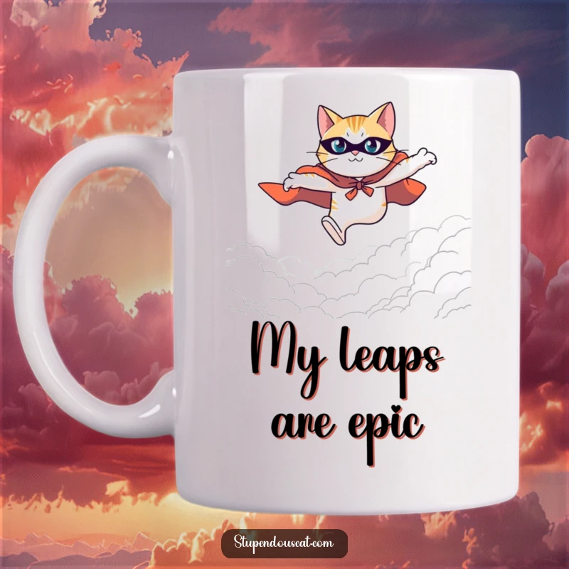 Funny mug showing a heroic cat in a cape leaping determinedly across a vast, open expanse.