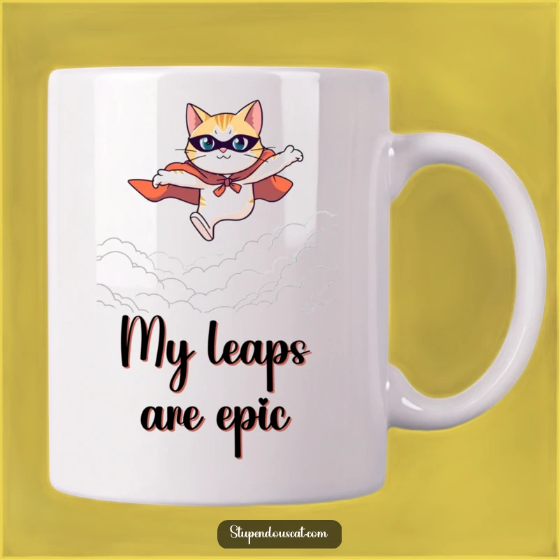 Funny Hero Cat Mug: Leaping Across Expanse with Cape, Gift for Brave Souls