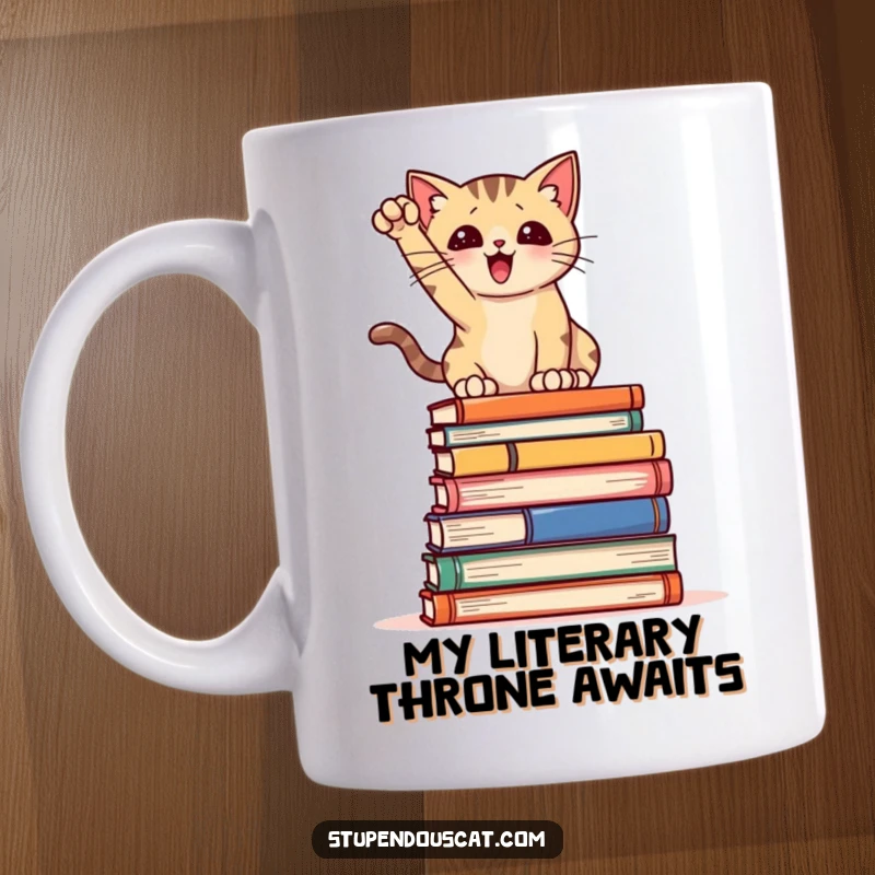 Funny Mug: A dramatic cat posing regally on a tall stack of books, exuding literary confidence and charm for book lovers.