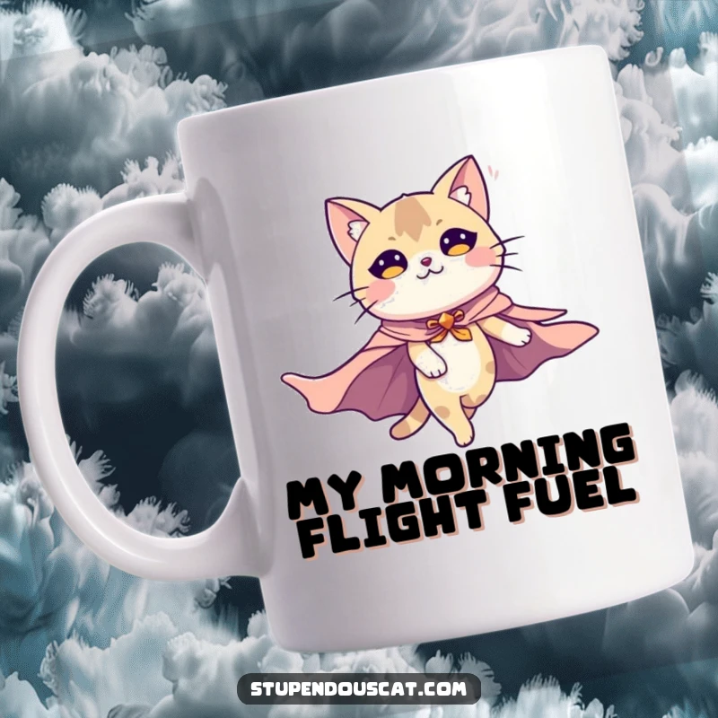 Funny mug showing a majestic cat with a flowing cape soaring heroically through the sky. Captures the joy of flight and heroic spirit.