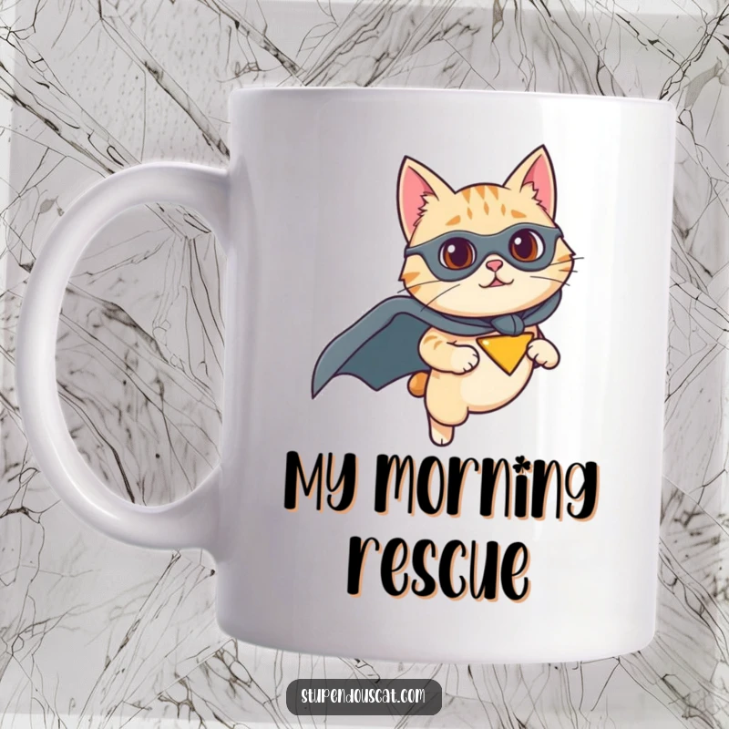 Funny superhero cat mug featuring a brave feline wearing a cape, flying with determination, ready to save the day, a heroic gift.
