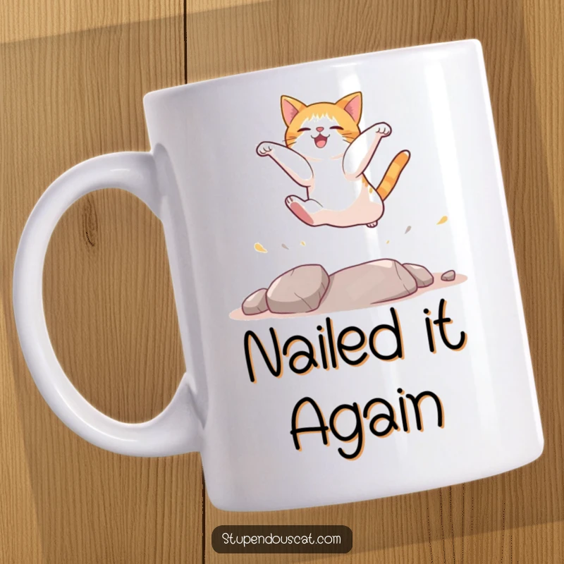 Funny cat mug showing a cat mid-air, gracefully landing after an epic jump with a determined, funny expression.