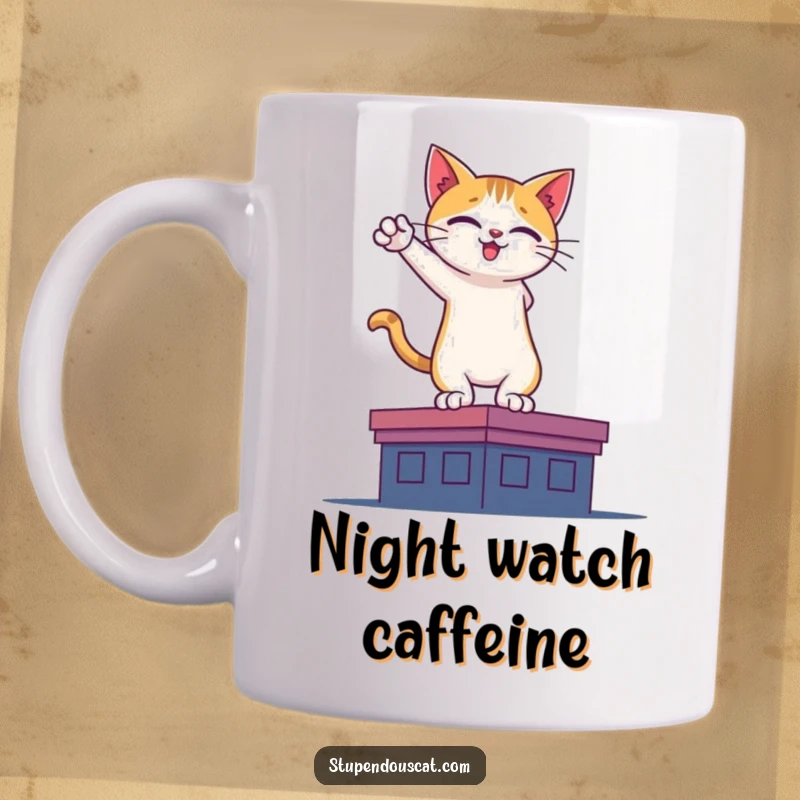 Funny mug showcasing a silhouette of a cat in a heroic pose on a rooftop, embodying courage and humor.