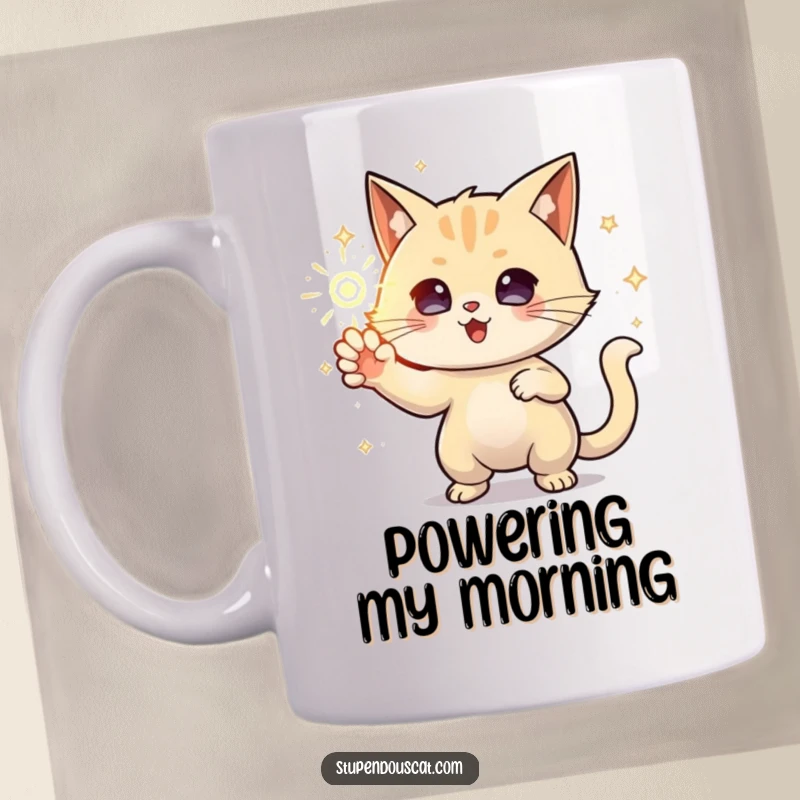 Funny Mug featuring a powerful cat character conjuring a sparkling orb of energy with focused intensity and magical aura.