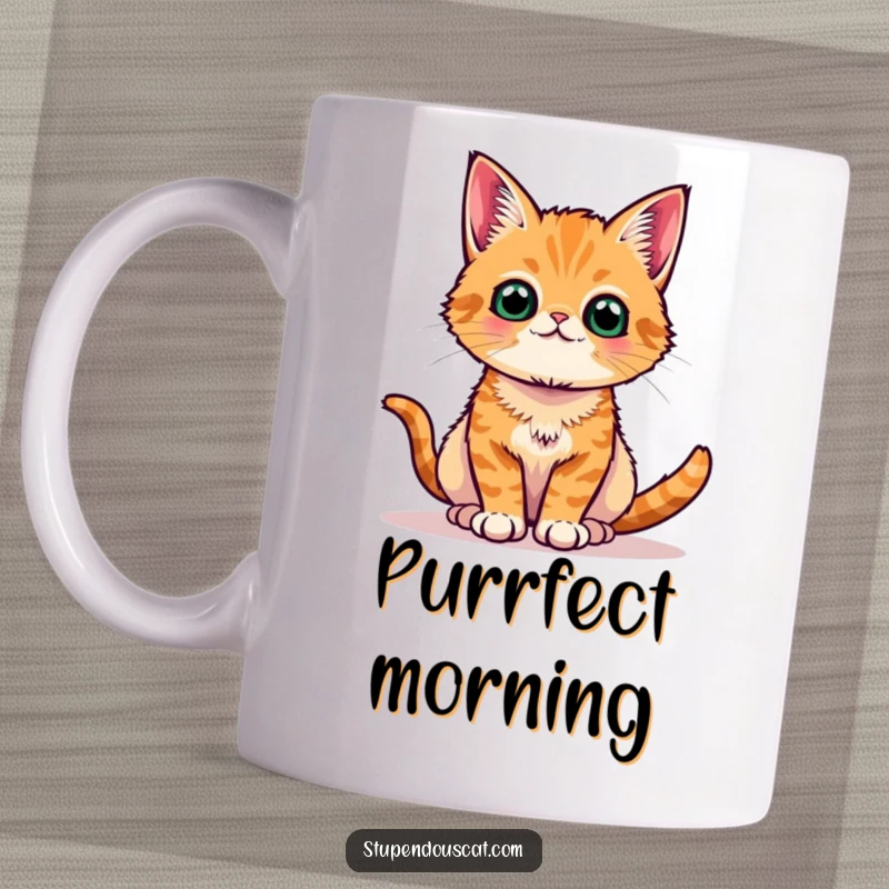 Funny orange tabby cat mug, posing regally and proudly, capturing the essence of a sophisticated yet playful feline.