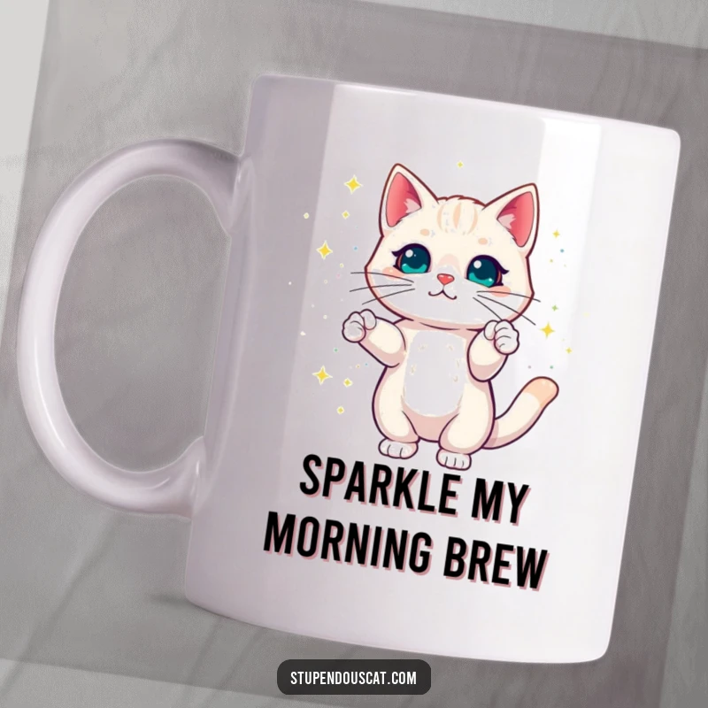 Funny Cat Mug showcasing a cat creating a dazzling display of colorful magic sparkles, radiating enchantment and charm.