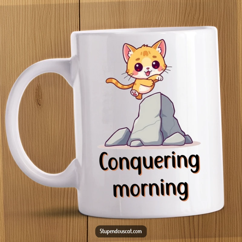 Valiant Cat Cub Leap Mug: A brave cat cub leaping heroically over a tall obstacle, embodying courage and determination.