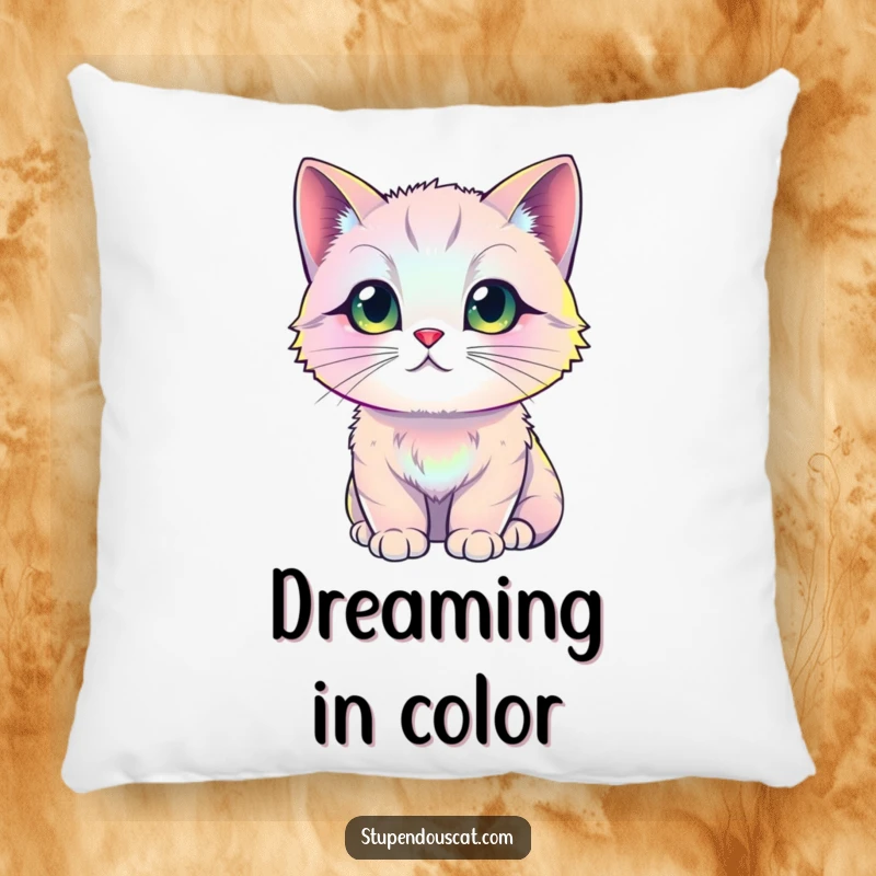 Funny iridescent cat pillow, showcasing a soft feline with fur that gleams and shifts through vibrant, shimmering hues, creating a cozy, magical feel.