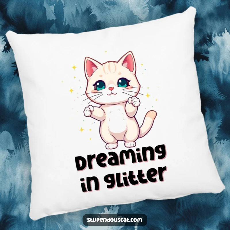 Funny Cat Pillow with a cat creating dazzling colorful magic sparkles, adding cozy enchantment and whimsical charm.