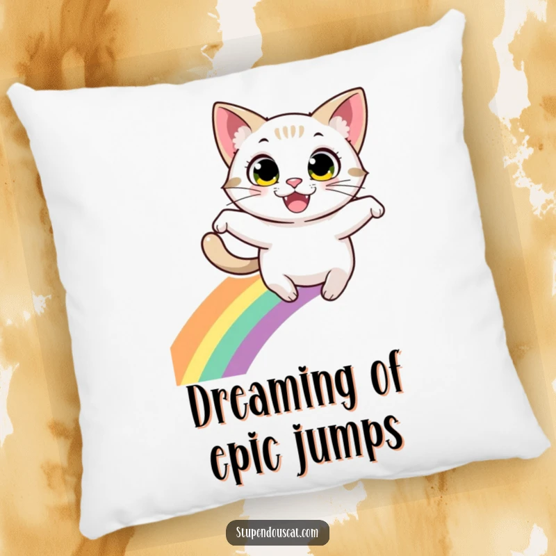 Funny pillow: A cheerful cat with energetic eyes and a wide grin jumps playfully over a bright, arcing rainbow.