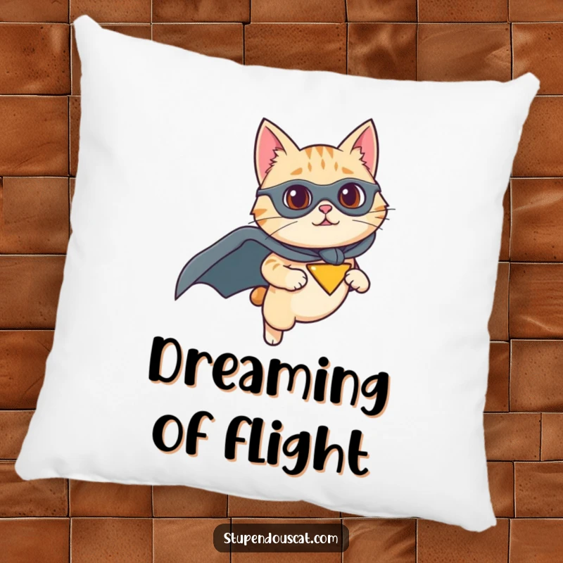 Funny pillow featuring a cat wearing a superhero cape and flying with determination, providing cozy comfort and humorous heroism, a perfect gift.