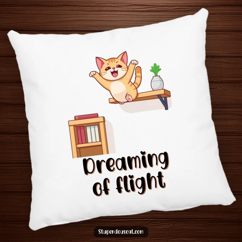 Funny cat pillow featuring a cat in the middle of an exaggerated leap from a high shelf, bringing humor to home decor.