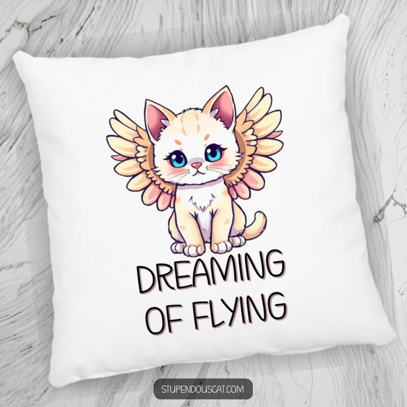 Funny majestic angel cat cub pillow, wings spread wide in a serene, angelic pose. Soft and humorous decor for cat fans.