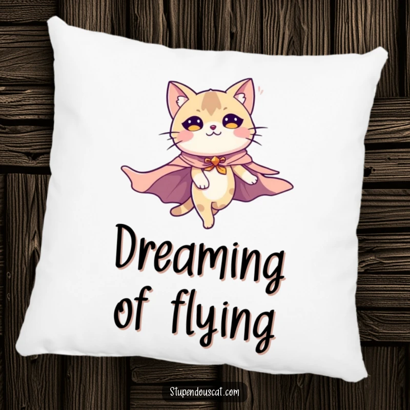 Funny pillow featuring a majestic cat hero with a flowing cape, soaring gracefully through the air, perfect for cozying up.