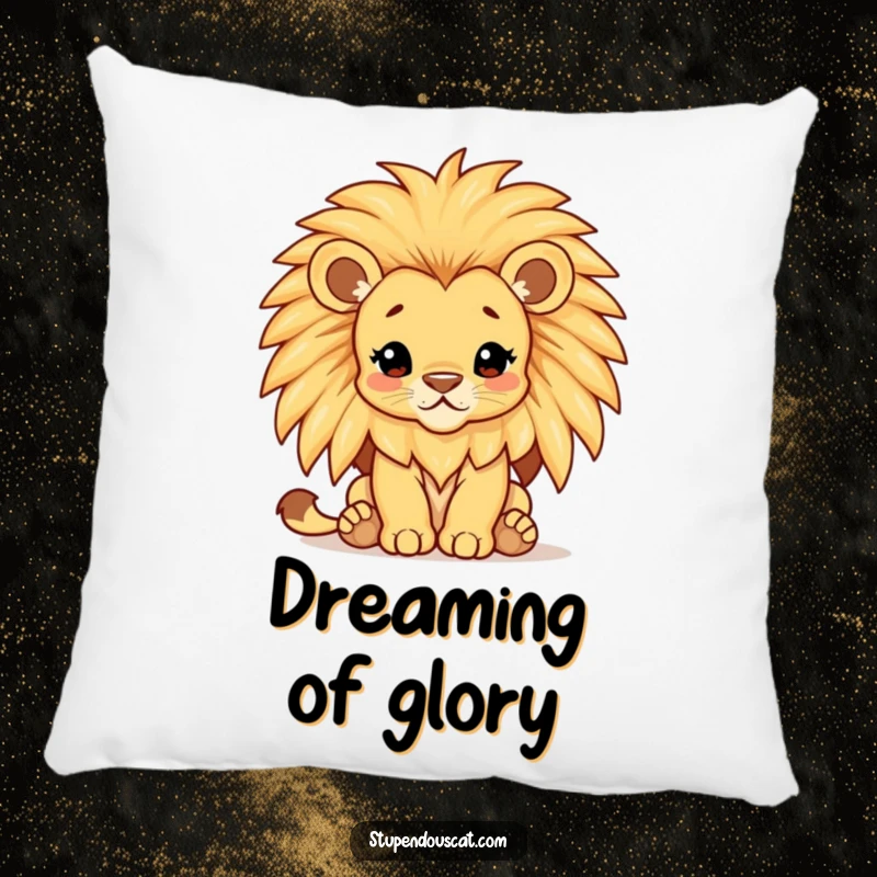 Funny lion cub pillow, a majestic cub with a comically large, shimmering mane, offering plush comfort and playful charm.