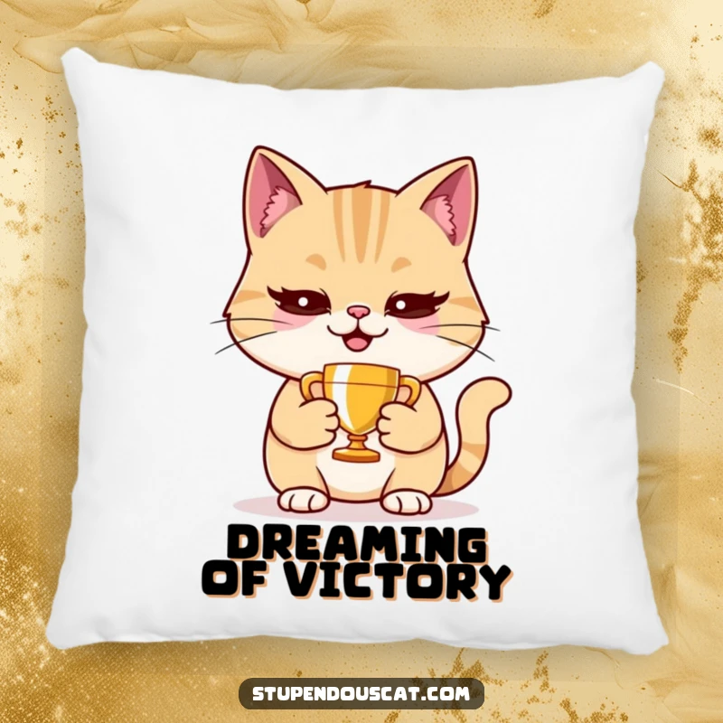 Funny cat pillow featuring a smug cat holding a tiny trophy, soft and decorative, adding humor to any room.