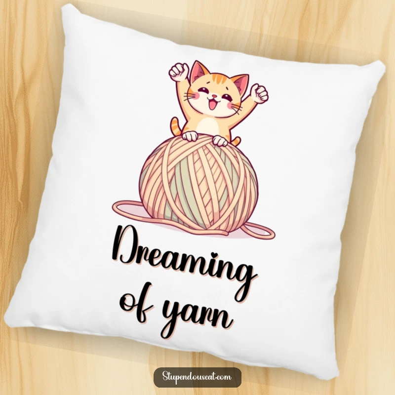 Funny pillow featuring a cat in a triumphant pose on a giant ball of yarn, providing cozy comfort and humorous victory, a perfect gift.