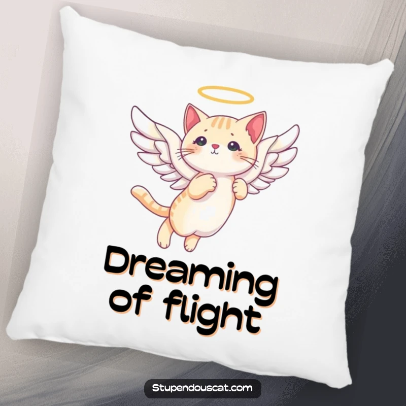 Funny angelic cat wings pillow featuring a graceful cat with wings, soft and heavenly for cozy, humorous relaxation.
