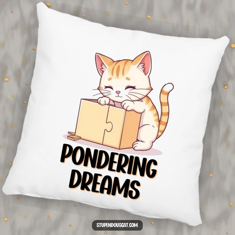 Funny pillow showcasing a clever cat intently solving a puzzle box, perfect for adding a touch of intelligence and humor.