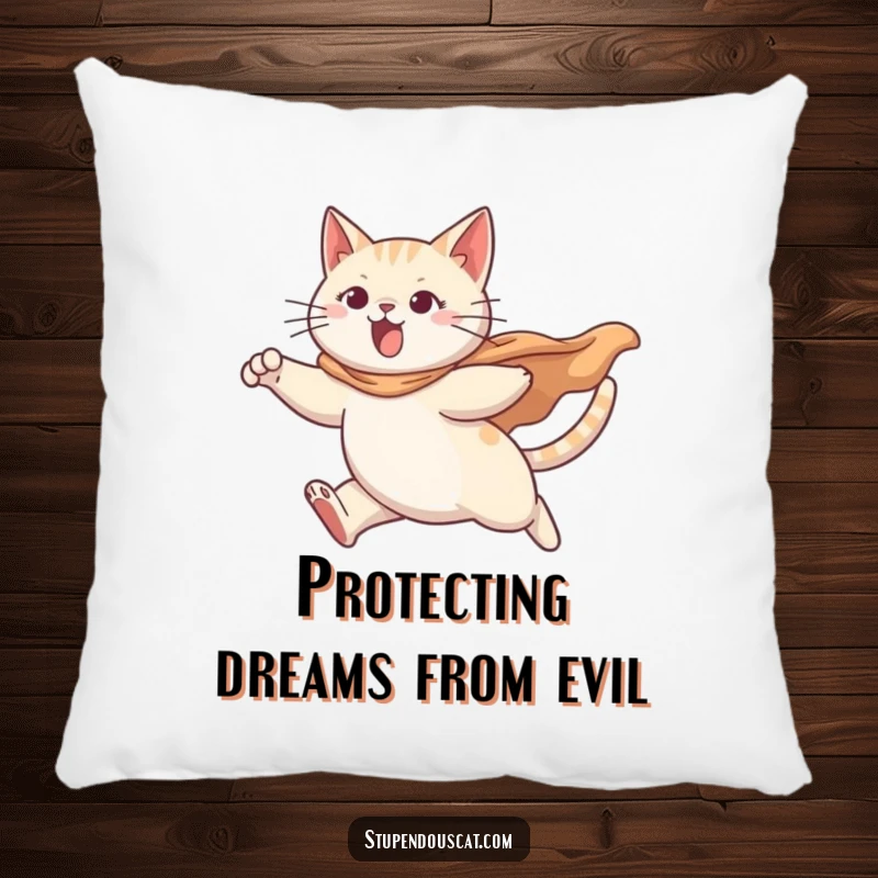 Funny pillow featuring a determined cat hero leaping, cape billowing, adding cozy, humorous charm to any room.