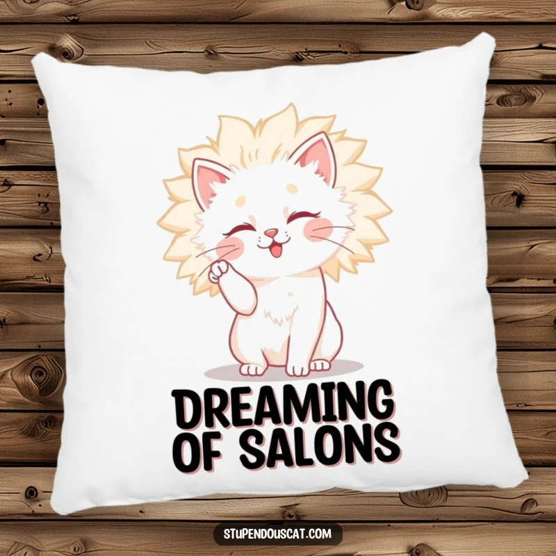 Funny cat pillow featuring a cat comically battling its voluminous and wild fluffy mane, designed for comfort and amusement.