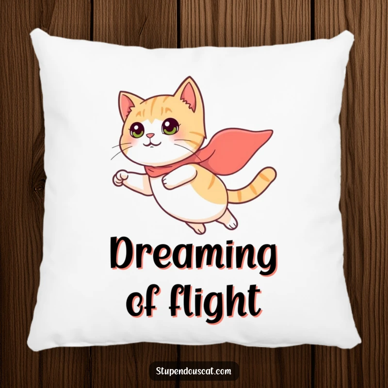 Funny Pillow: A small-caped cat heroically flies, offering soft, comforting support with a touch of feline bravery.