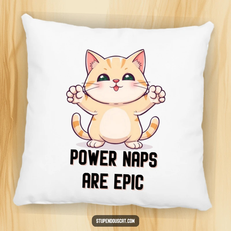 Funny pillow showcasing a heroic cat with front paws outstretched, offering cozy, humorous guardianship.