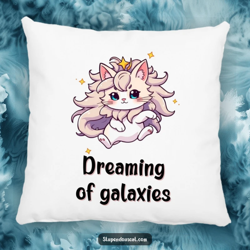 Funny Pillow featuring a majestic cat with a flowing starry mane in a leaping pose, offering soft, cosmic comfort and charm.