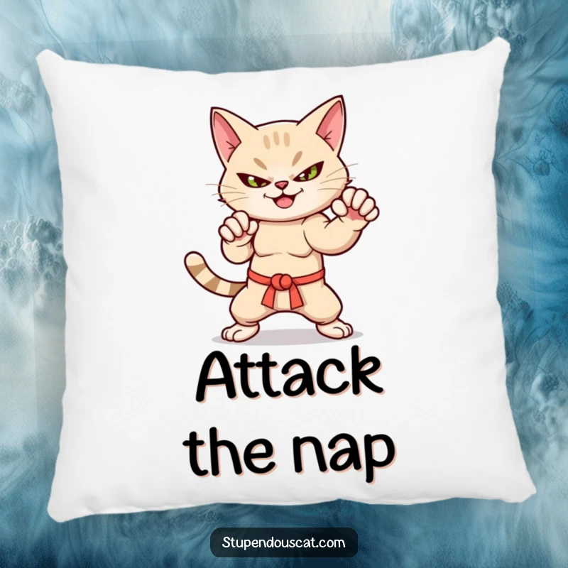 Funny martial arts cat pillow with a smirk, in a dynamic pose, soft and decorative, adding humor.