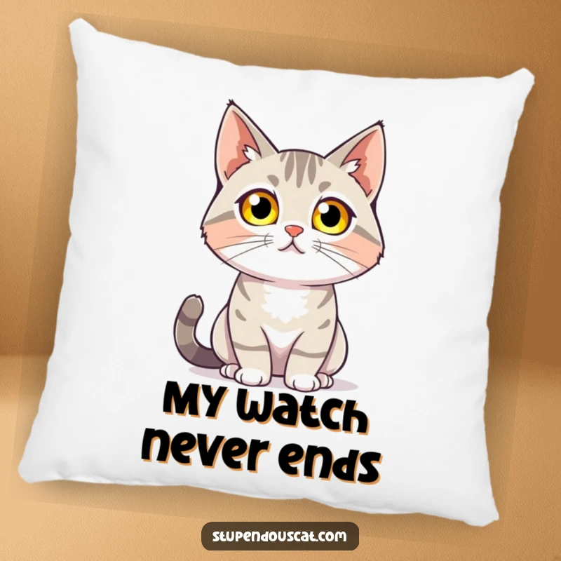 Funny pillow featuring a cat with glowing eyes confidently surveying its surroundings, providing cozy comfort and humorous mystery, a perfect gift.